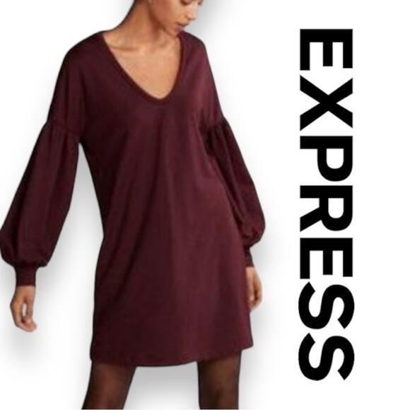 New With Tags Express Wine Balloon Sleeve Shift Dress Women’s Size Small - Picture 1 of 11